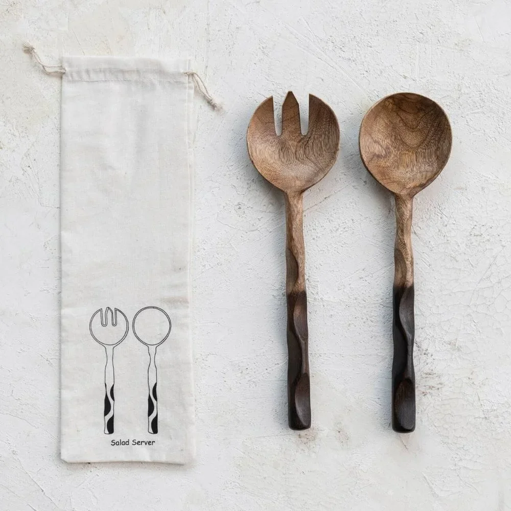 Natural & Espresso Mango Wood Salad Server Set with Drawstring Bag/NWT